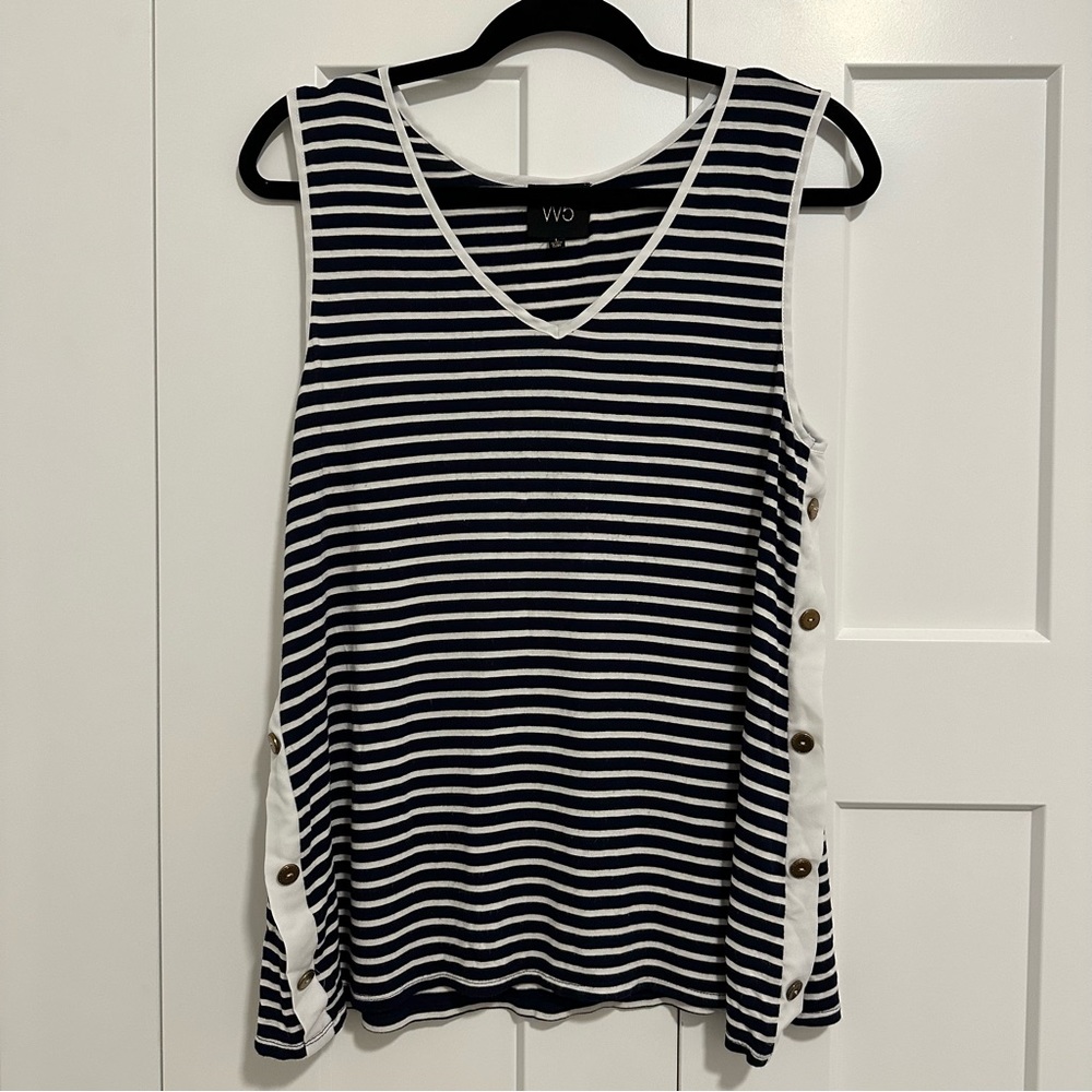 Women’s Navy Blue & White Striped Tank- Size Large- Button Detail on the Side